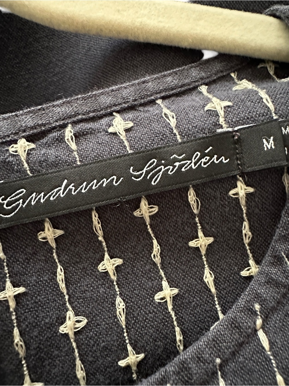 GUDRUN SJODEN Navy Linen Blend Embroidered Dress Scandinavian Lagenlook Pocket M - Picture 9 of 13